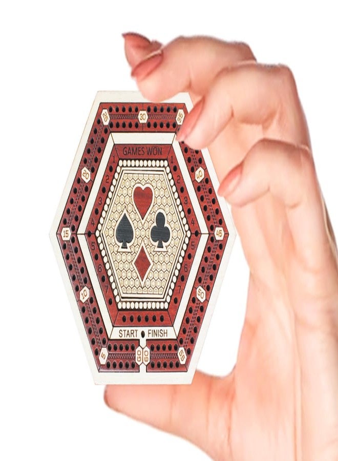 House of Cribbage - 2 Track 60 Points - Hexagonal Shape Pocket Size Wooden Travel Cribbage Board - Size 4 Inch (Maple Wood/Bloodwood) - Image 1